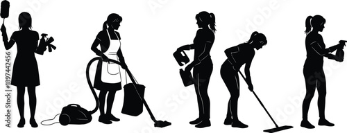 described features five silhouettes of cleaning personnel, each engaged in different cleaning activities. Here’s a detailed breakdown of the elements: