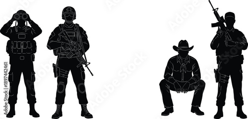  described features four figures of people, each engaged in activities that suggest themes of observation, hunting