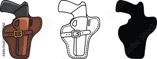 Gun holster silhouette & Outline and illustration set isolated on transparent background
