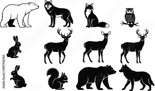 Black wild animal silhouettes collection featuring polar bear wolf fox owl deer and rabbit, woodland forest and arctic wildlife bundle for nature design,