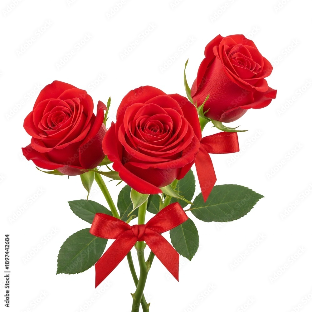 Fototapeta premium Three red roses with ribbons on white background