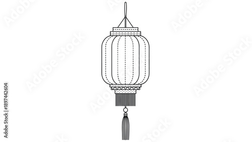 Decorative hanging lantern with intricate line art detailing and tassels shown in a minimalist black and white vector sketch style.