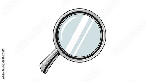Metallic magnifying glass with a clear glass lens and a shiny handle angled against a clean white background for search and discovery.