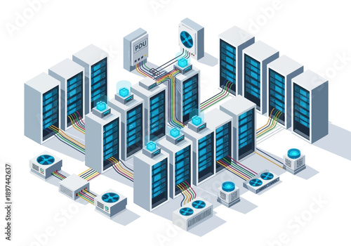 Isometric view of a server room with cooling units and network infrastructure
