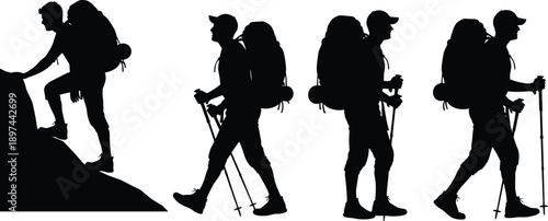 described features a black silhouette of four hikers, each engaged in different activities that highlight the adventurous spirit of hiking. Here’s a detailed breakdown of the elements:
