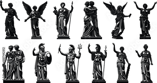 described features a collection of twelve antique-style statues, rendered in black and white. Here’s a detailed breakdown of the elements: