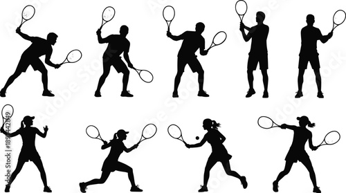 described features a collection of silhouettes of tennis players engaged in various action poses, showcasing both male and female athletes wielding tennis rackets. Here’s a detailed breakdown of the e