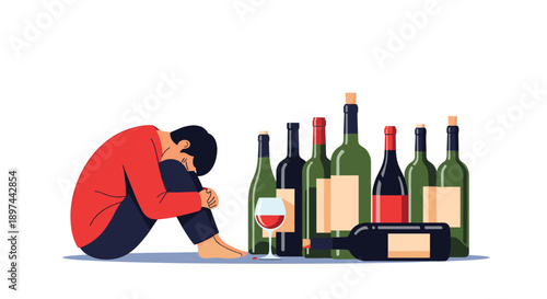 Depressed young man sitting on the floor surrounded by empty and full alcohol bottles, illustrating alcoholism and addiction.