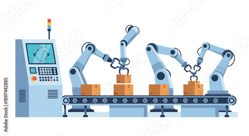 Automated factory production line with robotic arms packing cardboard boxes on a conveyor belt, controlled by a computer.