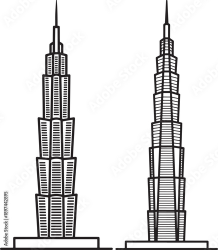 Stylized outline illustrations of two modern skyscrapers, high-rise buildings, Dubai architecture style