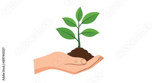 Hand holding a small plant with soil, symbolizing environmental care, growth, sustainability, and nature conservation.