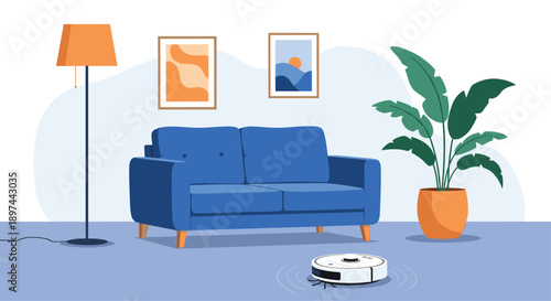 Modern living room with a robotic vacuum cleaner automatically cleaning the floor near a sofa, plant, and floor lamp.