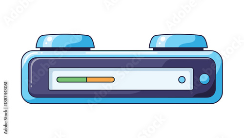 Blue digital control device with two large buttons and a progress bar showing green and orange status levels for monitoring.