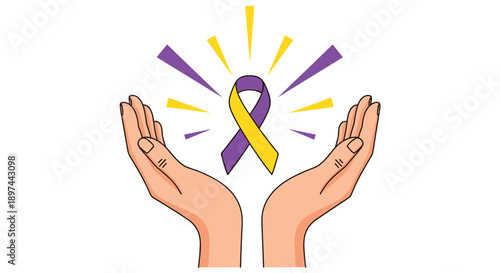 Hands holding a purple and yellow awareness ribbon, symbolizing support for bladder cancer, autoimmune disease, and hepatitis.