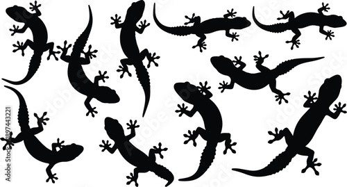 described showcases a collection of ten black silhouette lizards set against a white background. Here’s a detailed breakdown of the elements: