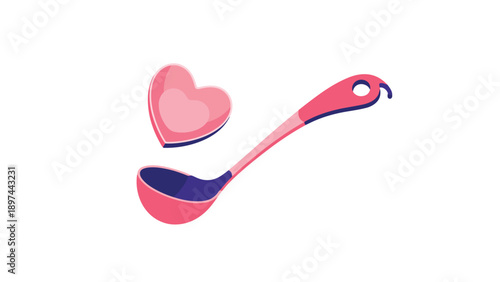 Stylish pink soup ladle shown next to a matching pink heart shape representing a love for cooking and home-cooked meals.