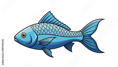 Detailed illustration of a blue fish with intricate scales and large fins shown in profile against a plain white background.