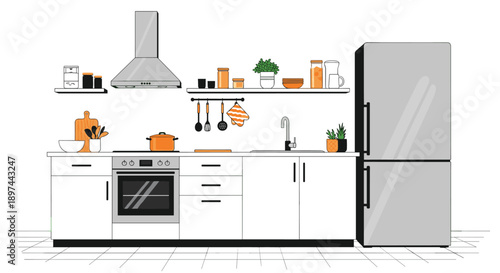 Modern kitchen interior with white cabinets, stainless steel appliances, and cooking utensils, creating a clean and functional space.