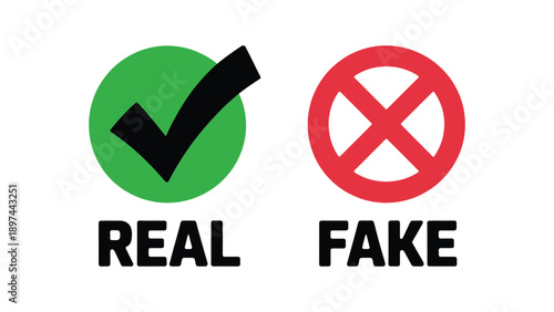 Real versus fake symbol illustration with check mark and cross icons representing authenticity verification approval and rejection concept