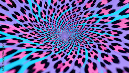 A stylized leopard print, with a bright electric palette of neon pink, blue, and soft lilac colors with a depth effect. Vector graphics.
