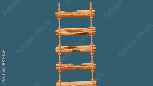 Tall wooden rope ladder with five horizontal logs tied between two sturdy ropes against a dark blue background.