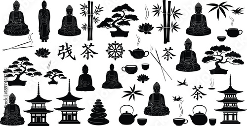 described features a collection of black and white silhouettes of various Asian-themed objects, each representing elements of Asian culture and aesthetics. Here’s a detailed breakdown of the component
