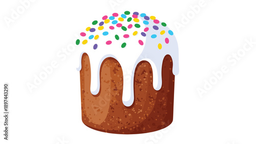 Traditional glazed easter cake or panettone with white dripping icing and multi-colored round sprinkles on top.