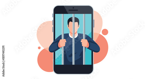 Man trapped behind bars inside a smartphone, symbolizing social media addiction and the negative effects of digital life.