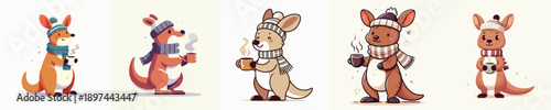 cute kangaroo vector winter drinking coffee