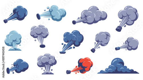 Collection of various smoke puff and explosion cloud effects in shades of blue and one red burst for comic and game art.