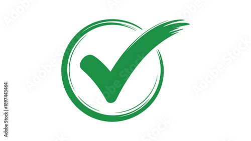 Green check mark approval icon with circular brush stroke symbol representing success verification confirmation and positive status