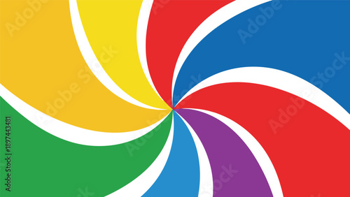 Vibrant abstract spiral pattern with radiating curved sections in primary and secondary colors like red, blue, yellow, and green.