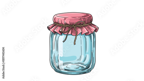 Clear glass jar with a pink fabric lid cover tied with a brown string shown in a detailed vintage sketch style for food storage.