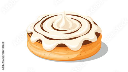 Delicious freshly baked cinnamon roll with thick white frosting and chocolate swirls presented as a detailed food illustration on white.