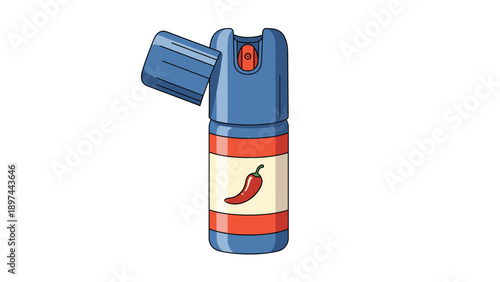 Pepper spray canister for self-defense featuring a red chili pepper logo on the label and a blue cap shown in a simple vector illustration.