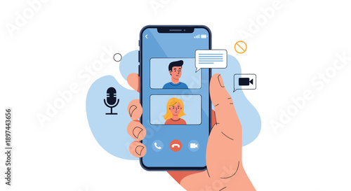 Hand holding a smartphone during a video call with a man and a woman, enabling remote communication and online meetings.