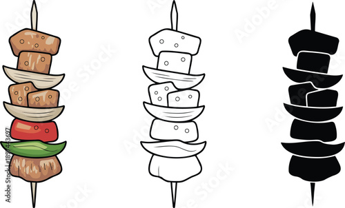 Kebab silhouette & Outline and illustration set isolated on transparent background