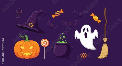 Spooky collection of Halloween elements including a witch hat, jack-o-lantern, ghost, and bubbling cauldron on a purple background.
