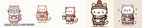 cute winter cat vector drinking coffee