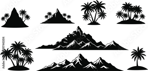  described features a collection of black and white silhouettes, showcasing a variety of mountain and palm tree designs. Here's a breakdown of the elements