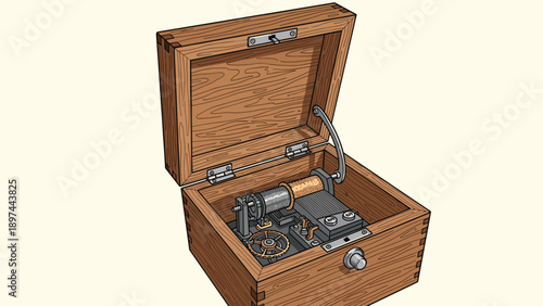 Open wooden music box revealing its intricate internal mechanical gears and cylinder for playing melodies shown in a detailed drawing.