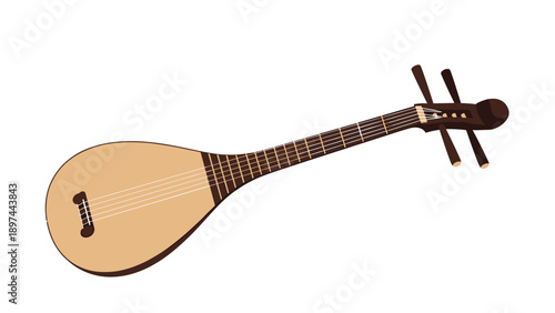 Traditional Chinese pipa string instrument shown from a side perspective with detailed wood grain and four tuning pegs in a clean drawing.