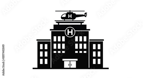 A black and white image depicting a hospital with a helicopter landing on top