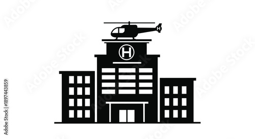 A black and white illustration of a hospital with a helicopter landing