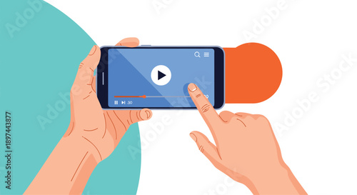 Hands hold a smartphone horizontally to watch a video, with a finger touching the screen to interact with the media player.