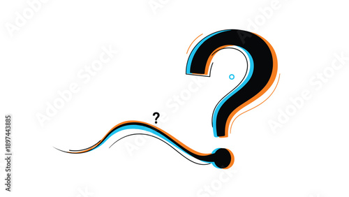Creative question mark symbol with a long wavy tail and a liquid splash effect featuring blue and orange outlines for curiosity concepts.