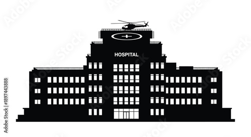Simple black silhouette of a hospital building with a helicopter above