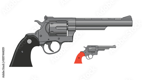 Powerful grey revolver handgun shown in profile with a smaller highlighted version featuring a bright red grip for safety or comparison.