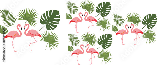Tropical flamingo and palm leaves composition set in flat vector style isolated on white background summer illustration