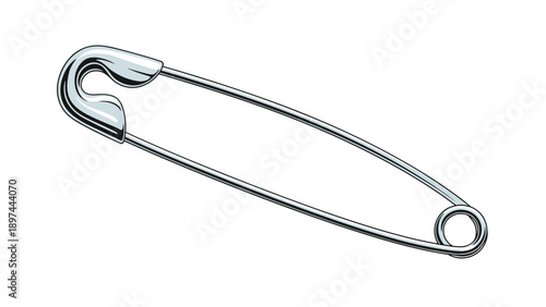 Realistic illustration of a shiny silver metal safety pin shown in an open position against a plain white background for sewing themes.